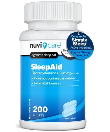 Nighttime Sleep Aid with Diphenhydramine HCl 25 mg - Non Habit Forming Regular Strength Sleeping Pills for Adults - Does Not Contain Pain Reliever - OTC Sleep Aids for Adults (200 Caplets) 200 Caplets (Pack of 1)
