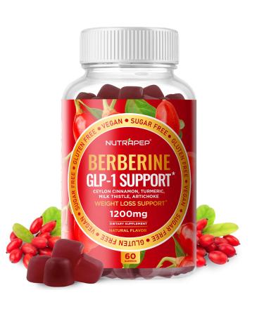 Premium Berberine HCl GLP-1 Support Weight Loss Gummies (1200mg) with Ceylon Cinnamon Turmeric Milk Thistle Artichoke - Sugar Free Gluten Free High Potency GLP1 Support Supplement 60 Count (Pack of 1)