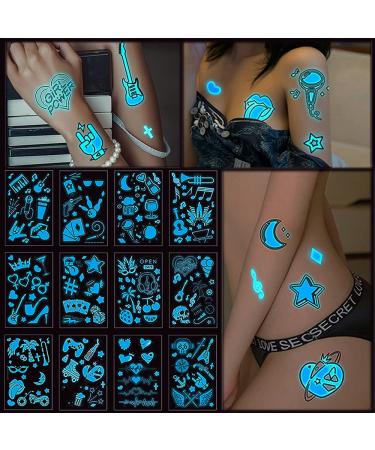 Neon Tattoo Stickers Black Lights for Glow Party Blue Luminous Temporary Tattoos 12 Sheets UV Jewellery Body Shimmer Fake Skin Tattoo for Women Girls Body Face Art Accessories