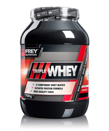 Frey Nutrition Triple Whey 750g (strawberry) contributes to muscle gain and muscle maintenance at - high 30% isolate share - high BCAA content in protein raw material (23.8 g)