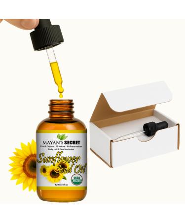 Mayan's Secret Sunflower Seed Oil - 4oz Size | All Natural Cold Pressed USDA Certified Organic - High oleic| Daily or Nighttime Regimen Large 4oz Amber Glass Bottle & Glass Dropper. Sunflower 4 Fl Oz (Pack of 1)