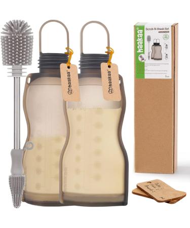 Haakaa Silicone Breast Milk Storage Bags Set with Cleaning Brush - SUVA Grey 9oz/260ml (2pcs) - Buy Online on GoSupps.com
