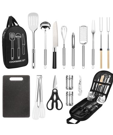Camping Cooking Utensils Set, Stainless Steel Grill Tools, Camping BBQ Cookware Gear and Equipment for Travel Tenting RV Van Picnic Portable Kitchen Essentials Accessories Black-16 PCS