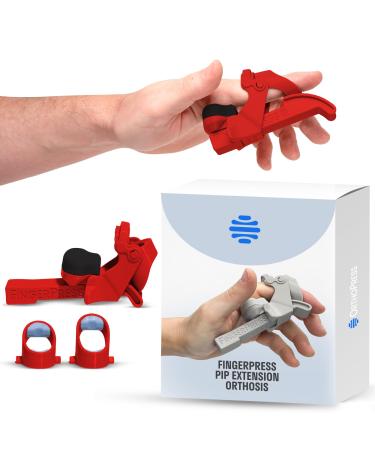 PIP Extension Orthosis Made in USA by OrthoPress | Finger Straightener Splint For Bent Fingers Flexion Contractures | Adjustable Joint Stretcher Device | Large/Red Large Red