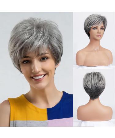 BESTUNG Old Middle Age Women's Short Silver Wig Synthetic Fiber Hair Wigs For Mother Grandmother Grandma with Comfort Breathable Cap (straight grey) - Buy Online on GoSupps.com
