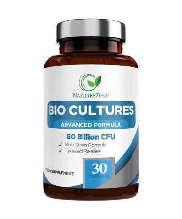 60 Billion CFU Bio Cultures Probiotics with Prebiotics 30 Capsules Multi Strain Advanced Formula for Men and Women by Natures Zest