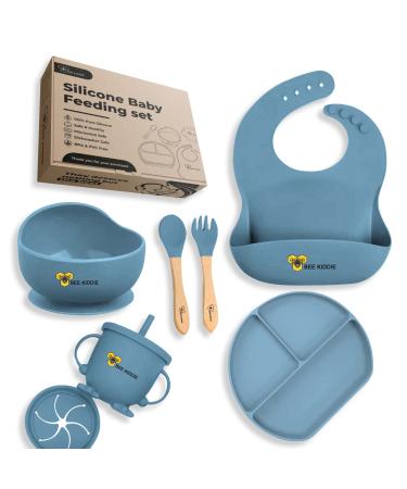 Baby Feeding Set Weaning Set Eco Friendly BPA Free 7pcs Silicone Suction Bowl Plate and Cup Adjustable bib 2X Cup lids Spoon and Fork with Wooden Handle. Toddler Gift Set. (Blue)