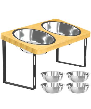 UQNAL Elevated Dog Bowls Stand Bamboo Raised Dog Bowl with 15 Stand Tilted for Medium and Small Dog Water Bowl with 4 Stainless Steel Bowl and Anti Slip feet Small-1