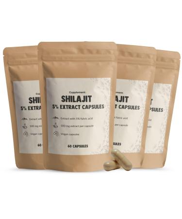 Cupplement 4 sachets of Shilajit 60 Capsules - Free pillbox - 5% Resin Extract - 500 mg per capsule - 100% pure - Superfood - Powder-free - From the Himalayas - Testosterone