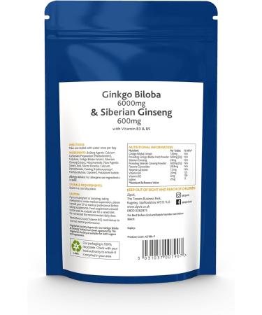 Ginkgo Biloba and Siberian Ginseng High Strength Tablets with Vitamins B3 & B5 - 120 Vegan Tablets in Eco-Friendly Pouch - Buy Online on GoSupps.com