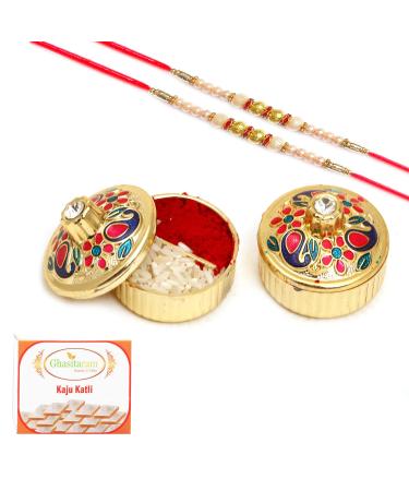Ghasitaram Gifts Rakhi Gifts Pooja Thali - Set of 2 YCA-10 Tika Chawal Containers with 2 Pearl rakhis with 200 GMS of Kaju katli Containers 2 rakhis with 200 GMS of Kaju katli