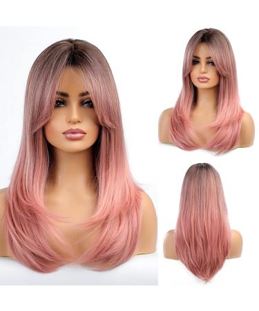 Esmee Long Ombre Pink Women's Wig Layered Synthetic Hair Wig with Dark Roots for Everyday Party Cosplay pink wig - 20" pink-A