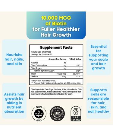 Fortero Biotin Vegan Gummies 10 000mcg for Thicker Fuller Hair Biotin Vitamin A & D Folic Acid Support Healthy Hair Skin and Nail - Non-GMO Gluten-Free Gelatin Free (1 Pack) (2 Pack) - Buy Online on GoSupps.com