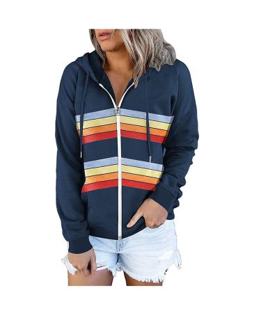 Womens Hoodies with Zipper Casual Long Sleeve Hooded Jacket with Pockets Fashion Sweatshirt Coat with Butterfly Print Large 03 # Navy