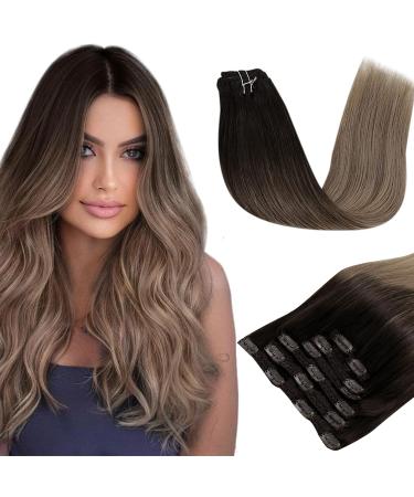 Runature clip in real hair extensions dark brown to medium brown and ashblond ombre clip in human hair extensions remy real hair clip in extensions 120g 40cm #2/6/18 40cm-7PCs #2/6/18