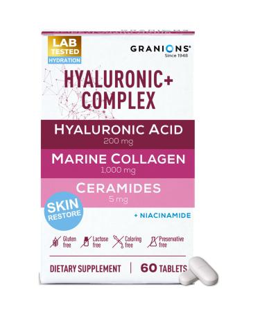 Hyaluronic Acid Supplements 200mg - Marine Collagen Peptides Vitamin B3 Niacinamide Ceramides Supplement - Deep Hydration & Anti-Aging Skin Care Complex for Women and Men - 60 Foil Sealed Tablets Deep Hydration 60 Count (