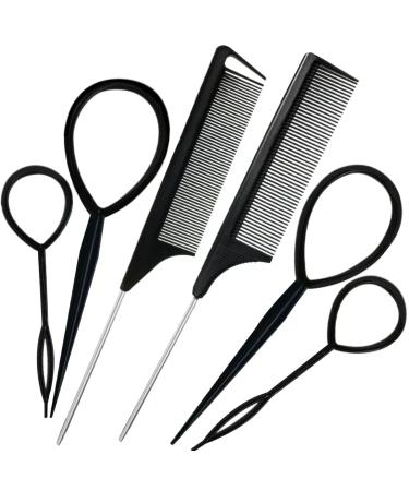 Topsy Hair Tail Tool&Rat Tail Comb.6Pcs Hair Loop Styling Tools Set with 2Pcs Metal Pin Heat Resistant Rat Tail Combs 4Pcs Pony Tail Hair Tool  Hair Flip Tool for Hair Styling Black Schembo A Gift black-1