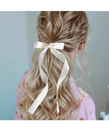 Bow Hair Clips | Silky Satin Hair Bows Hair Clip Ribbon Bow Hair Clips With Long Tail | Hair Bow Barrettes Hair Bow Clips For Women Girls Beige - Buy Online on GoSupps.com
