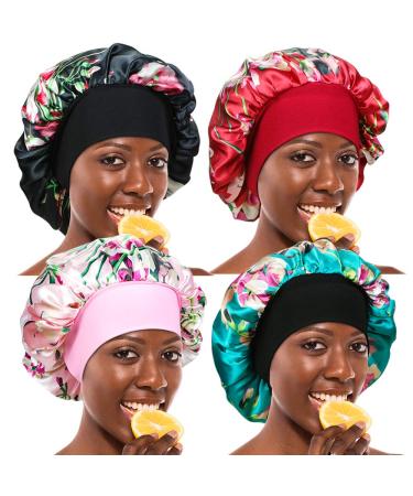 4 Pieces Wide Band Satin Cap Sleep Bonnet Soft Night Sleep Hat Hair Loss Cap Salon Bonnet for Women 4 Colours One Size Group 1