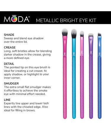 MODA Pro 5pc Deluxe Eye Makeup Brush Kit | Shader Crease Detail Smudger & Liner Brushes - Multi-Colored Metallic | International Shipping Available - Buy Online on GoSupps.com