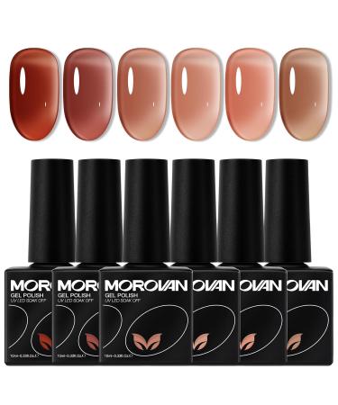 Morovan Jelly Gel Nail Polish Set: 6 Colors Including Red Pink Nude Gel Polish Kit UV LED Soak Off Polish Home DIY Manicure Nail Salon Varnish Brown Pink Jelly Gel Polish