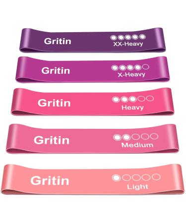 Gritin fitness straps 5 Set Resistance tapes with 5 levels 100% latex fitness band Resistance with German exercise instructions & supporting bags gymnastics band for muscle building Yoga Lila + Pink