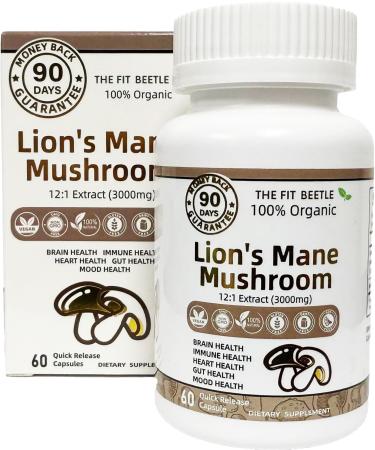 The Fit Beetle Organic Lions Mane Mushroom Supplement - Brain Supplement and Immune Health - 3000mg - 12:1 Extraction - Two Months Supply