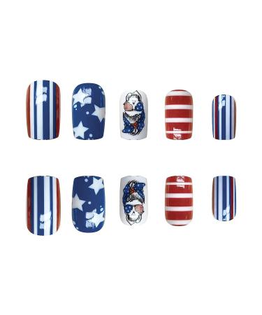4th of July Short Square Press on Nails - Red, Blue, White Star & Skull Designs - 24Pcs - Buy Online on GoSupps.com
