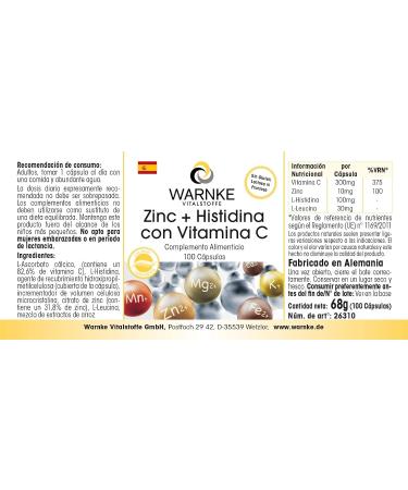 Zinc + Histidine + Vitamin C - High dosage - 300mg Vitamin C & 10mg Zinc per capsule - Vegan - 100 capsules | Warnke Vitalstoffe - Quality from German Pharmacies - Buy Online on GoSupps.com