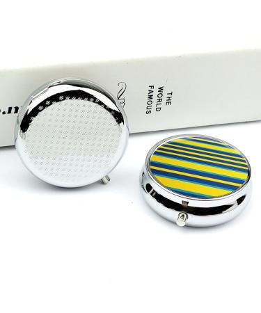 Round Yellow & Blue Stripes Pill Box | 3 Compartment Portable Medicine Organizer | Decorative Metal Pocket Pill Case - Buy Online on GoSupps.com