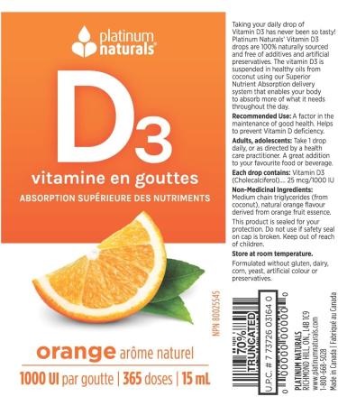 Platinum Naturals D3 Drops for Adults - Orange Flavored 15ml - High Potency Liquid Vitamin D Supplement 1000 IU per Drop - Supports Overall Wellness - Easy-to-Use Dropper - Buy Online on GoSupps.com