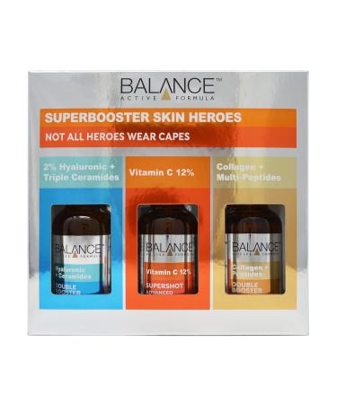 Balance Active Formula Superbooster Skin Heroes Set (2% Hyaluronic & Triple Ceramides Vitamin C 12% & Collagen & Multi-Peptides Serums) - Dermatologically Tested. Suitable for all Skin Types. Superbooster Serum Gift Set