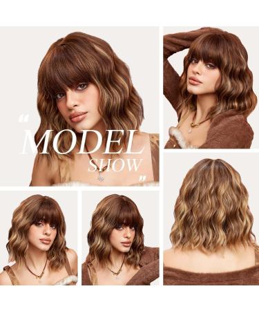 OUFEI Brown Mixed Blonde Wigs for Women Short Wavy Wig With Bangs Natural Synthetic Hair Heat Resistant Wigs for Daily Party Cosplay Wear - Buy Online on GoSupps.com