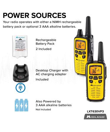 Midland LXT630VP3 36-Channel FRS Two-Way Radio Pair Pack - Up to 30-Mile Range Walkie Talkie with 121 Privacy Codes, NOAA Weather Scan & Alert - Yellow/Black - Buy Online on GoSupps.com