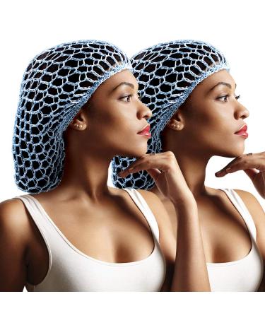 Beauty Town 2 Pcs Hair Net Large Jumbo Size Thick Crocheted Head Bands Hair Cover Ornament for Sleeping (Sky Blue)