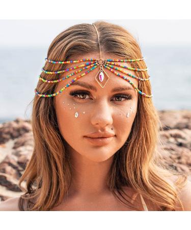 Edary Boho Beaded Layered Head Chain Beach Colorful Headpiece Forehead Hair Chain Hair Accessories for Women and Girl