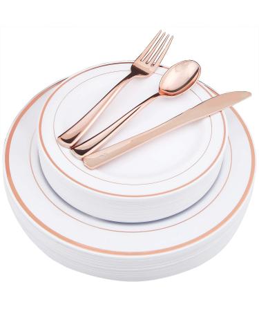 WDF-125PCS Rose Gold Plastic Silverware&Disposable Plastic Plates - Plastic Plates include 25 Dinner Plates,25 Salad Plates,25 Forks, 25 Knives, 25 Spoons for Wedding, Party, Christmas Rose Gold Round
