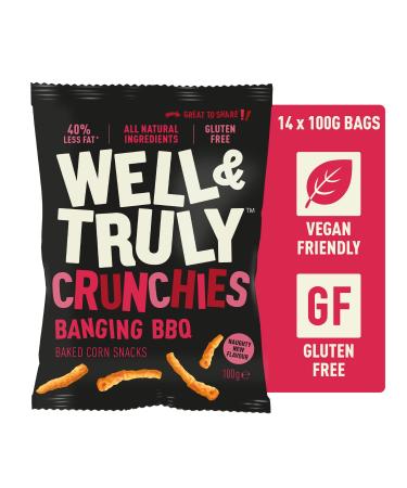 WELL&TRULY: Banging BBQ | Baked Corn Snacks - Gluten Free - Vegan & Plant Based - No Added Sugar - Less Fat - Healthy Snack - (Box of 14 Bags 100g Each)