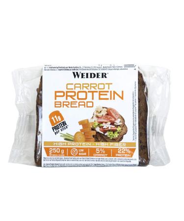 Weider Protein bread with carrots. Protein bread containing 11 g of protein and 5% carrots per slice. With fiber and low in s