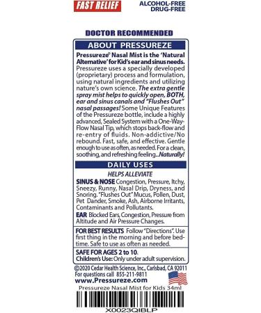 Pressureze Children's Sterile Nasal Spray 34ml - All Natural Relief for Sinus Allergy and Ear Congestion - Preservative-Free Decongestant Spray - 245 Sprays - 1.1 Fl Oz - Buy Online on GoSupps.com
