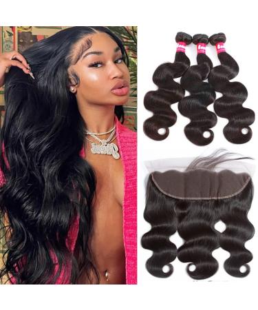 Relena Body Wave Bundles with Frontal Human Hair (26 28 30+18,Free Part) 13x4 Ear to Ear Lace Frontal Closure with 3 Bundles 100% Unprocessed Brazilian Virgin Human Hair Weave Bundles with Frontal 26 28 30+18 body wave bun…