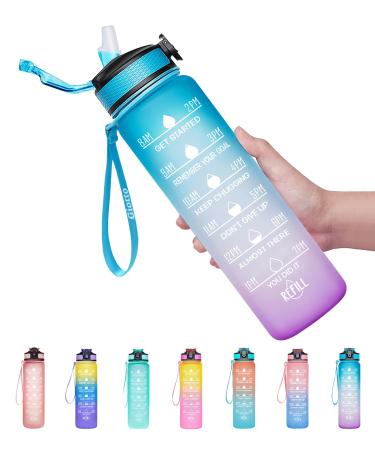 Giotto 32oz Leakproof BPA Free Drinking Water Bottle with Time Marker & Straw to Ensure You Drink Enough Water Throughout The Day for Fitness and Outdoor Enthusiasts A1-Ombre Blue Purple