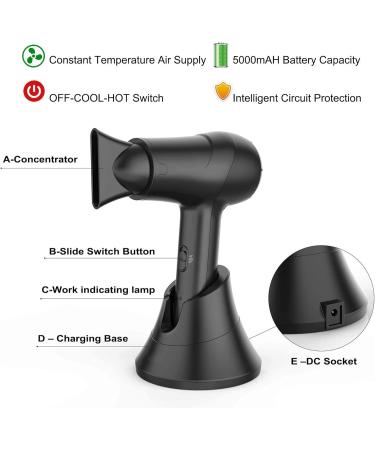 Portable Cordless Hair Dryer Hot & Cold Air Wireless Hair Dryer Rechargeable Blow Dryer w/Diffuser for Blowing Hair - Buy Online on GoSupps.com