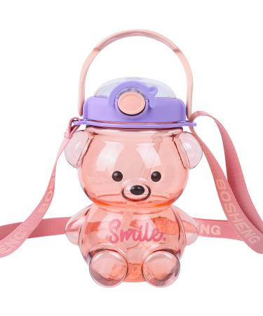 AZLNRMU Kawaii Bear Straw Bottle  Large capacity bear water bottle with Strap and Straw  Cute Portable Bear shaped water Bottle Adjustable Removable Strap for outdoor and school activities(pink)