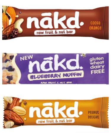 nakd. Yummy Mix. 24 x 35g bar pack | 8 x Blueberry Muffin | 8 x Peanut Delight | 8 x Cocoa Orange | Vegan | Kosher | Made with Natural Ingridients | Fruits & Nuts Smooshed Together | Sold by EPL