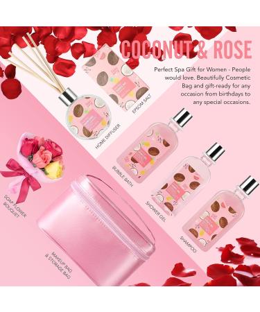 Coconut Spa Gift Basket for Women - Teen Bath Kit 8Pcs - Beautiful Birthday Gift for Her with Bubble Bath, Reed Diffuser Oil, Rose Soap Flower - Buy Online on GoSupps.com