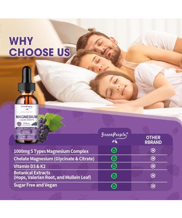 GREENPEOPLE Magnesium Glycinate Liquid Drops - 1000mg 5-in-1 High Absorption Liquid Magnesium for Sleep with D3/K2/B6 | Fast-Acting Bone Muscle & Sleep | Sugar-Free Grape Flavor 2fl Oz Grape 2 Fl Oz (Pack of 1) - Buy Online on GoSupps.com