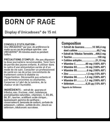 BORN OF RAGE SHOT - PreWorkout Complex - For Explosive Energy Endurance & Concentration - Reduces Fatigue - Display of 40 Units Cherry Cola Flavor - Laboratory Eric Favre - Buy Online on GoSupps.com