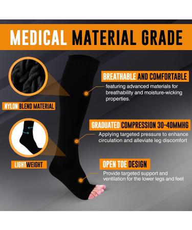 Doc Miller Open Toe Compression Socks 30-40mmHg - Medical Stockings (S-XXXXXL) in Black - 1 Pair for Optimal Support & Comfort - Buy Online on GoSupps.com