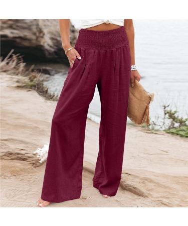 High Waisted Flowy Beach Pants for Women | Summer Palazzo Trousers with Pockets | Cotton Linen | Wide Leg Lounge Pants | Small - Wine - Buy Online on GoSupps.com